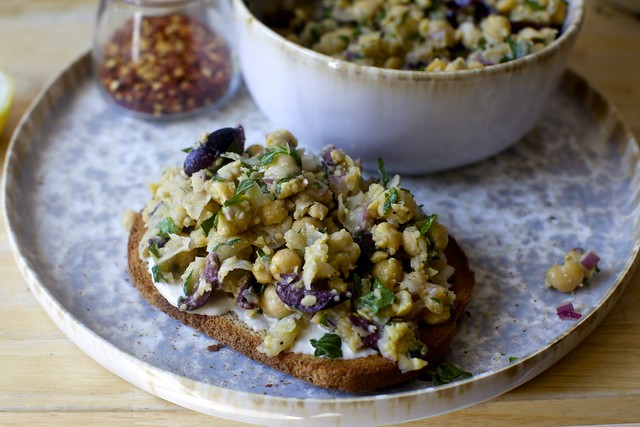 smashed chickpea salad on tahini toast