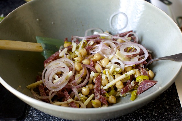 vinaigrette, chickpeas, onion, salami, pepperoncini, provolone